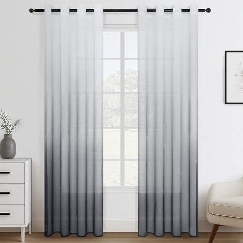 Topfinel Gardinen Grau Vorhänge mit Ösen Wohnzimmer Modern Weiß Grau Zweifarbiger Gardine Transparent Schlaufenschal Lichtdurchlässig für Schlafzimmer 140x245 cm (B x H) 2er Set von Topfinel