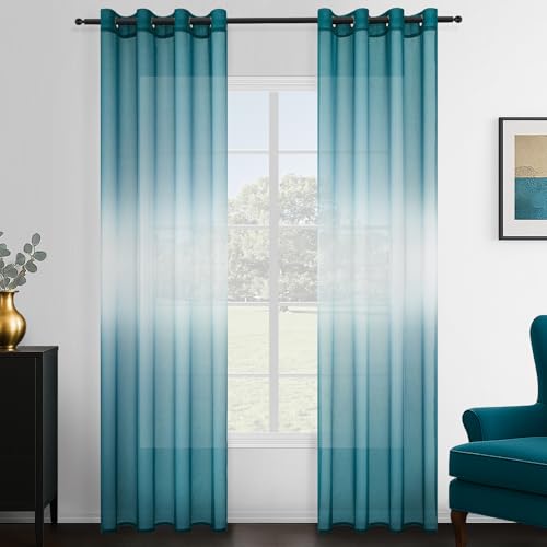 Topfinel Gardinen Transparent Durchsichtig Vorhänge mit Ösen für Wohnzimmer Modern Schlafzimmer Gardine Sheer Voile Vorhang Zweifarbiger Türkis und Weiße 140x280 cm (B x H) 2er Set von Topfinel