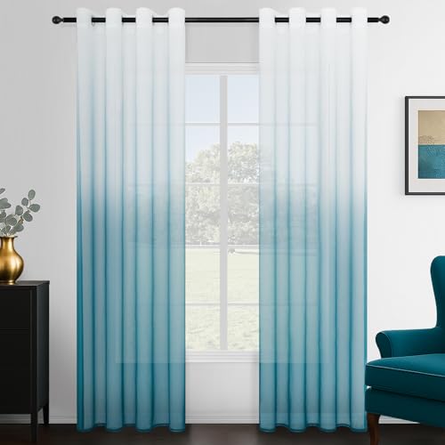 Topfinel Gardinen Transparent Vorhänge mit Ösen für Wohnzimmer Modern Kinderzimmer Schlafzimmer Gardine Sheer Voile Vorhang Zweifarbiger Weiße und Türkis 140x240 cm (B x H) 2er Set von Topfinel