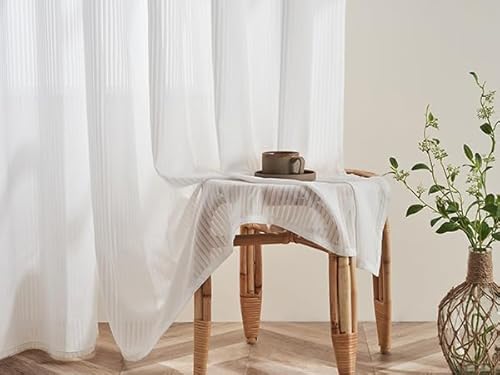 Topfinel Gardinen Wohnzimmer 140x250cm 2er Set Modern Voile Vorhänge mit Ösen Vorhang Schlafzimmer Halbtransparent mit Vertikalem Streifenmuster Weiß von Topfinel