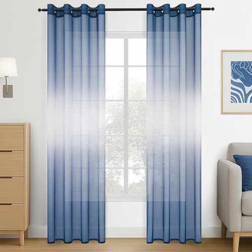 Topfinel Gardinen mit Ösen Transparente Optik Gardine Ösenvorhang Ösenschal Transparent Durchsichtig für Schlafzimmer Wohnzimmer Sheer Voile 140x240 cm (B x H) 2er Set Blau von Topfinel
