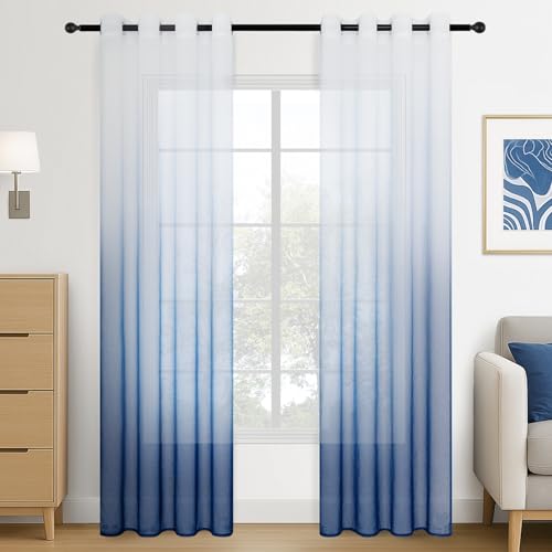 Topfinel Gardinen mit Ösen Wohnzimmer Modern Voile Vorhänge Transparent Kinderzimmer Schlafzimmer Farbverlauf Vorhang in Weiß Blau Verlauf 140×225cm (H×B) 2er Set von Topfinel