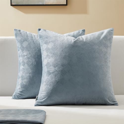 Topfinel Kissenbezüge 45x45 2er Set Blaugrau Samt Kariert Muster dekorative Kissenhülle für Sofakissen Kissen Couchkissen Winter Herbst Weihnachten Wohnzimmer Büro von Topfinel