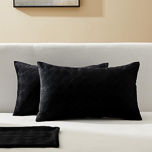 Topfinel Kissenbezug 40 x 80 cm schwarz Samt 2er Set Kariert Muster Kissenbezüge Kissenhüllle Polsterbezug für Nackenkissen Kopfkissen Bettwäsche Schlafzimmer Wohnzimmer Dekokissen Sofakissen von Topfinel