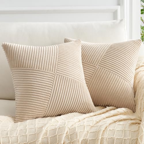 Topfinel Kissenbezug 40x40 Khaki Kordsamt 2er Set Windmühle Streifen Muster Kissenbezüge Kissenhülle Dekokissen Sofakissen Patchwork Design Deko Wohnzimmer Bett Schlafzimmer Sofa von Topfinel
