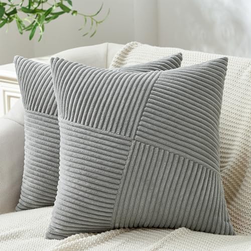 Topfinel Kissenbezug 45x45 Grau 2er Set Kordsamt Windmühle Patchwork Streifen Design Kissenbezüge Kissenhülle Zierkissenbezüge Deko für Sofakissen Dekokissen Geschenke Stuhl Winter Sessel von Topfinel