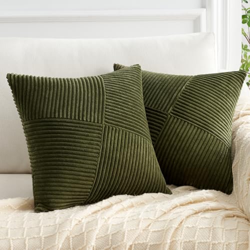 Topfinel Kissenbezug 45x45 Olivgrün Kordsamt 2er Set Windmühle Streifen Muster Kissenbezüge Kissenhülle Dekokissen Sofakissen Patchwork Design Deko Wohnzimmer Bett Schlafzimmer Sofa von Topfinel