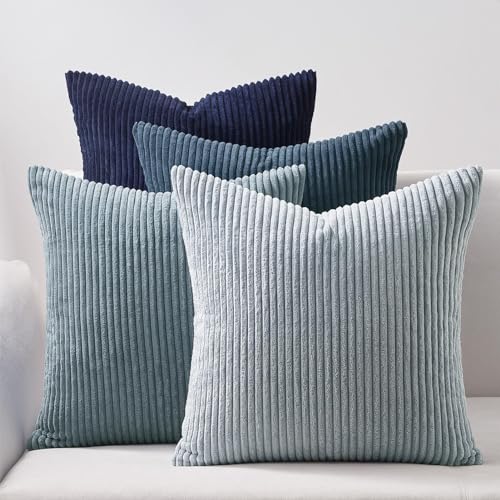 Topfinel Kissenbezug 50x50 cm blau 4er Set Kordsamt Kissenbezüge Kissenhülle Dekokissenbezug sofakissen dekokissen deko für Sofa Schlafzimmer Wohnzimmer Balkon Kinder flauschig Farbverlauf, Gestreift von Topfinel