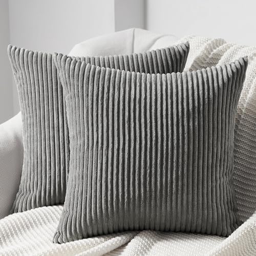 Topfinel Kissenbezug 50x50 dunkle grau Kordsamt 2er Set gestreiftes Muster Kissenbezüge Kissenhülle Dekokissen Sofakissen Couchkissen Dekokissen Deko Kissenhüllen Wohnzimmer Schlafzimmer von Topfinel