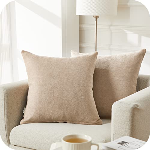 Topfinel Kissenbezug Sofakissen Dekokissen Lendenkissen Einfarbig Chenille Dekokissenhülle mit Verstecktem Reißverschluss für Sofa Schlafzimmer 2er Set 50x50 cm Hellkhaki von Topfinel