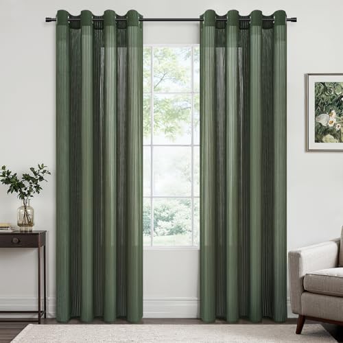Topfinel Sheer Curtain 2er Set Schlafzimmer Vorhänge mit Ösen Vorhang Mit Vertikalem Streifenmuster Transparent Voile Stores Gardinen Wohnzimmer Modern 140x225cm Grün von Topfinel