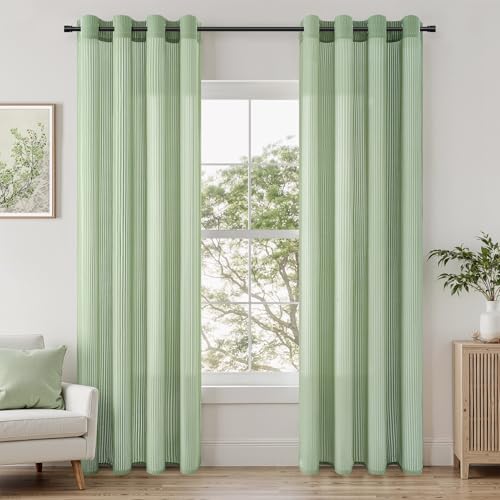 Topfinel Transparent Sheer Curtain Gardinen mit Ösen Modern Vorhang Mit Vertikalem Streifenmuster Durchsichtig Wohnzimmer Schlafzimmer Vorhänge 140x245cm 2er Set Salbeigrün von Topfinel