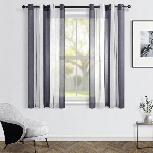 Topfinel Vorhänge mit Ösen Stores Gardinen Weiß-Grau Streifen Vorhang Halbtransparent kurz Ösenvorhang 140x145 cm Dekorieren Moderner Wohnzimmer von Topfinel