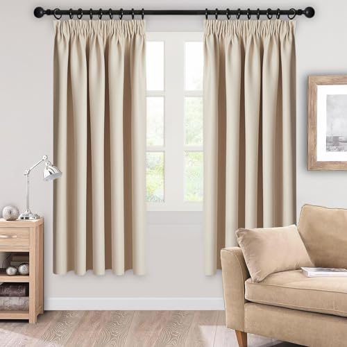 Topfinel Verdunklungsvorhang mit kräuselband Gardinen Beige Blickdicht Verdunklungsgardine Thermovorhang Vorhänge Kurz Schals Vorhang 140x145 cm 2er Set Dekoschal Küchengardinen Haustür Fenster von Topfinel