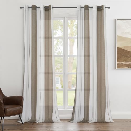 Topfinel Voile Braun Vorhang mit Ösen Halbtransparent Streifen Kurz Ösenschal Gardine für Kinderzimmer Schlafzimmer Wohnzimmer 140x160(BxH) cm 2er Set von Topfinel