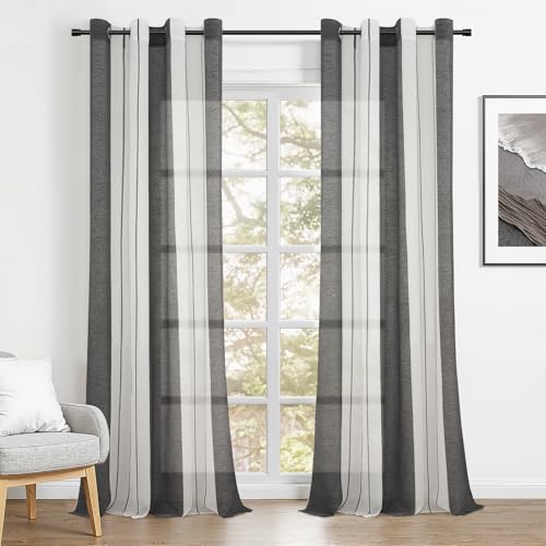 Topfinel Voile Dunkelgrau Vorhang mit Ösen Halbtransparent Streifen Kurz Ösenschal Gardine für Kinderzimmer Schlafzimmer Wohnzimmer 140x280(BxH) cm 2er Set von Topfinel