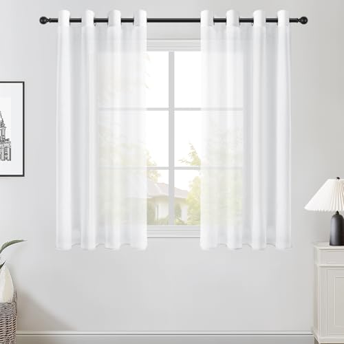 Topfinel Gardinen Kurz Vorhang Transparent Stores Gardine Schals mit Ösen Voile Curtains Living Room Fensterschals Vorhänge Weiss 140 cm Lang Dekoschal für kleine Fenster von Topfinel