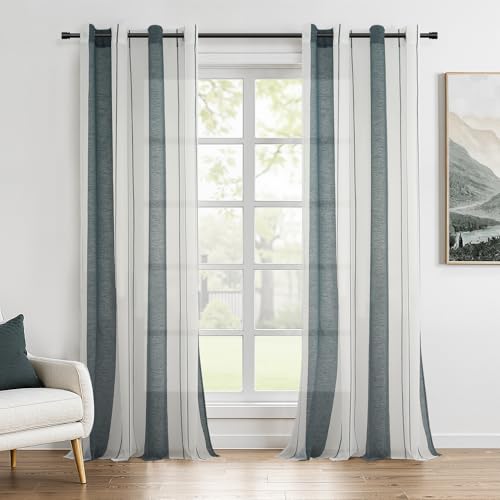 Topfinel Voile Grün Vorhang mit Ösen Halbtransparent Streifen Kurz Ösenschal Gardine für Kinderzimmer Schlafzimmer Wohnzimmer 240x140(HxB) cm 2er Set von Topfinel