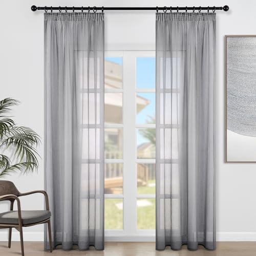 Topfinel Gardinen mit Kräuselband Grau Vorhänge Halbtransparent Voile Gardine Wohnzimmer Modern 140x240cm (BxH) Vorhang Schlafzimmer Fenster Curtains von Topfinel