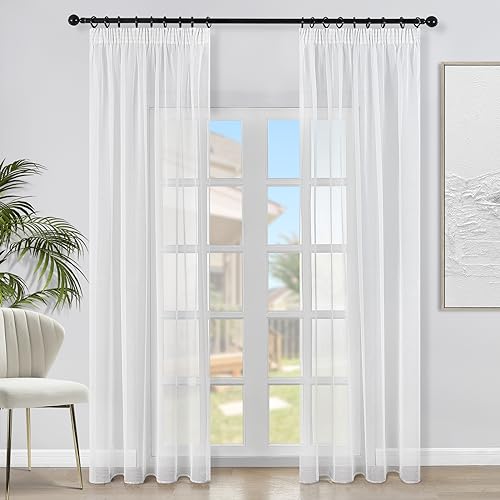 Topfinel Voile Vorhänge Leinenstruktur mit Kräuselband Lichtdurchlässig Einfarbig für Fenster Wohnzimmer Schlafzimmer Moderne und Elegante Gardine 2er Set je 180x140cm (HxB) Weiß von Topfinel