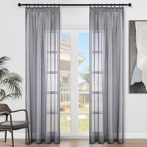 Topfinel Voile Vorhänge Leinenstruktur mit Kräuselband Lichtdurchlässig Einfarbig für Fenster Wohnzimmer Schlafzimmer Moderne und Elegante Gardine 2er Set je 245x140cm (HxB) Dunkelgrau von Topfinel