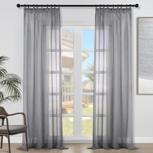 Topfinel Voile Vorhänge Leinenstruktur mit Kräuselband Lichtdurchlässig Einfarbig für Fenster Wohnzimmer Schlafzimmer Moderne und Elegante Gardine 2er Set je 280x140cm (HxB) Dunkelgrau von Topfinel