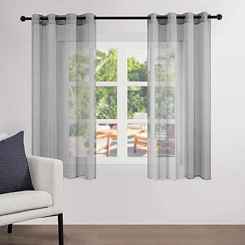 Topfinel Voile Gardinen Grau Transparent mit Ösen Vorhänge Leinenstruktur Vorhang 145 Hoch Lichtdurchlässig Sonnenschutz Gardine 140 cm Breit Kurz Vorhangschals 2er Set für Wohnzimmer Schlafzimmer von Topfinel