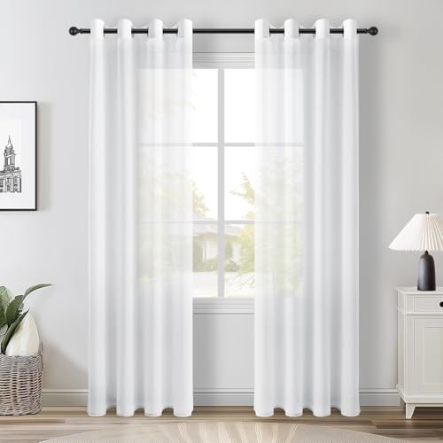 Topfinel Gardinen Wohnzimmer Sheer Curtains Living Room Semi Transparent Vorhang 240 cm Lang Fertiggardinen mit ösen Vorhänge Weiss Halbtransparent für Balkontür & Schiebetür Schlaufengardinen von Topfinel