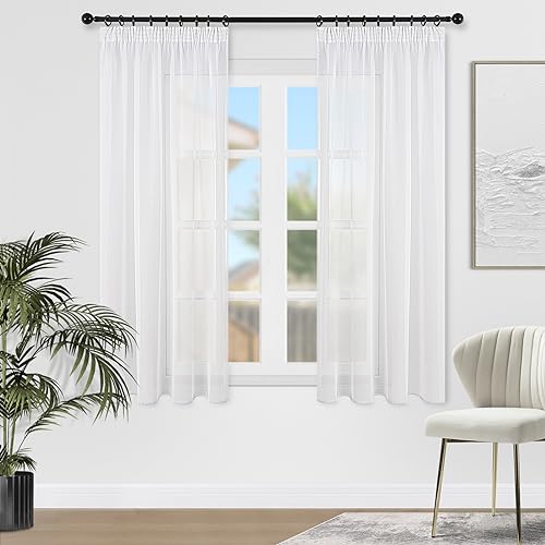 Topfinel Voile Vorhänge mit Kräuselband in Leinen-Optik Transparent für Wohnzimmer Schlafzimmer Fenster Einfarbige Gardinen kurz Weiss 2er Set je140x160cm (BxH) von Topfinel