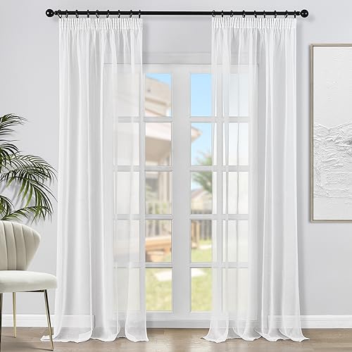 Topfinel Voile Gardinen Vorhänge mit Kräuselband in Leinen-Optik Transparent für Wohnzimmer Schlafzimmer Fenster Einfarbige Weiß 2er Set 140x245cm (BxH) von Topfinel
