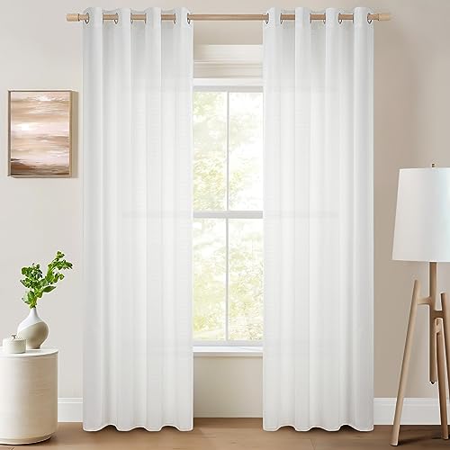 Topfinel Voile Vorhänge mit Ösen Halbtransparent Gardine Leinenstruktur Garn Muster Fensterschal für Zimmer, Büro, 2er Set 240x140 (HxB) Weiß von Topfinel