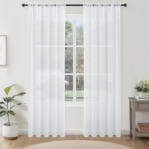 Topfinel Voile Vorhang Weiss Gardinen Wohnzimmer Haltransparent Gardienen Schals 220 cm Lang Schlaufenschal 140 cm Breit, 2er Set, Rod Pocket, Tunnelzug von Topfinel