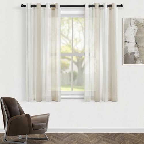 Topfinel Vorhänge mit Ösen Gardinen Weiß +Beige Streifen Vorhang Halbtransparent kurz 140x145 cm Ösenvorhang Dekorieren Moderner Wohnzimmer von Topfinel