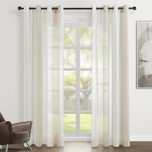 Topfinel Vorhänge mit Ösen Gardinen Weiß +Beige Streifen Vorhang Halbtransparent kurz 140x240 cm Ösenvorhang Dekorieren Moderner Wohnzimmer von Topfinel