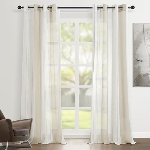 Topfinel Voile Vorhang mit Ösen Halbtransparent Streifen Kurz Ösenschal Gardine für Kinderzimmer Schlafzimmer Wohnzimmer 140x245(BxH) cm 2er Set Khaki von Topfinel