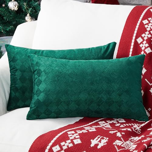 Topfinel Weihnachten Kissenbezug 40x60 grün 2er Set Samt Kissenhülle Kissenbezüge Weich Dekokissen Sofa Kissen Winter Deko geometrisches Muster Wohnzimmer Schlafzimmer Bett von Topfinel