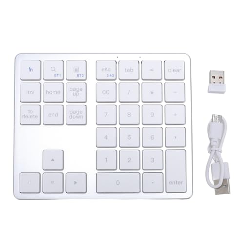 Topiky 35 Tasten Bluetooth Number Pad für Laptop, Wiederaufladbare 2,4 g drahtlose Zahlen Tastatur, Numerische Tastatur für Multi Geräte, Tragbare Financial Accounting (Silberweiß) von Topiky