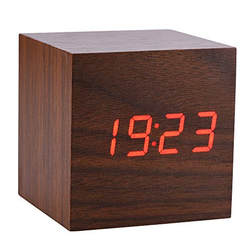 Topiky Hölzerner digitaler Wecker, 6x6x6cm Cube LED Display Tischuhr Unterstützung Temperaturanzeige und Sprachsteuerung für Schlafzimmer, Haus, Schlafsaal(Braun) von Topiky