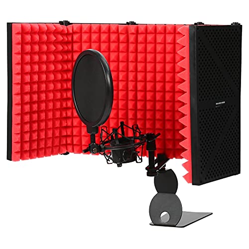 Topiky Mikrofon-Isolationsschild, Faltbares Noise Reduction Studio Mic Schalldämpfende Abdeckung mit Desktop-Ständer für Mikrofon-Aufnahmegeräte Studio, Rot von Topiky