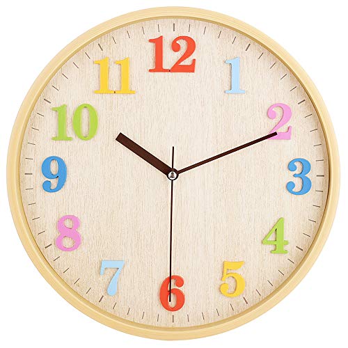 Topkey 12" Stille runde Wanduhr für Kinder Nicht tickende Bunte arabische Ziffern leicht lesbare Uhr für Wohnzimmer, Schlafzimmer, Schule und Kindergarten - Farbe Zahlen von Topkey