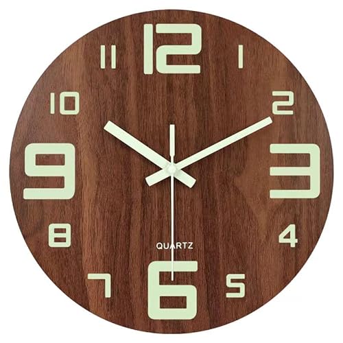 Topkey 12 Inch Luminous Wall Clock Silent Wooden Design Glow Night Lights Round Wall Clock for Living Room and Bedroom (Battery Not Included) - Big Numbers von Topkey