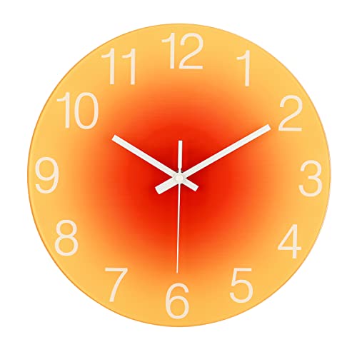 Topkey 12 Zoll stille runde Wanduhr, leicht zu lesen, Glas große Zahlen, Nicht tickende, stilvolle Farbverlauf dekorative Uhr für zu Hause, Schlafzimmer, Wohnzimmer, Esszimmer, Küche und Büro-orange von Topkey