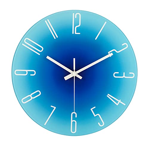 Topkey 12" stille Glaswanduhr, gut lesbar, große römische Ziffern, Nicht tickend, rund, stilvoll, Gradient, Moderne dekorative Uhr für Zuhause und Büro- blau von Topkey