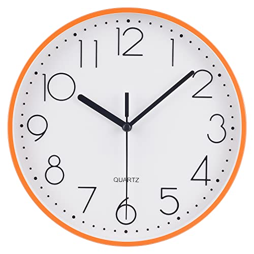 Topkey 22,9 cm leise runde Wanduhr mit arabischen Ziffern, leicht ablesbare Uhr für Wohnzimmer, Schlafzimmer, Schule und Kinderzimmer, Batterie nicht im Lieferumfang enthalten – Orange von Topkey