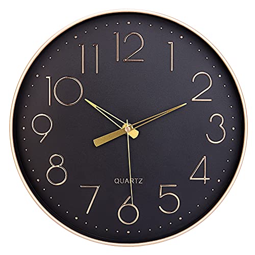 Topkey Schwarze Wanduhr 12" geräuschlose Nicht tickende arabische Ziffernuhr runde dekorative Wanduhr für Wohnzimmer, Schlafzimmer, Küche (Batterie Nicht enthalten) Goldene Zahlen von Topkey