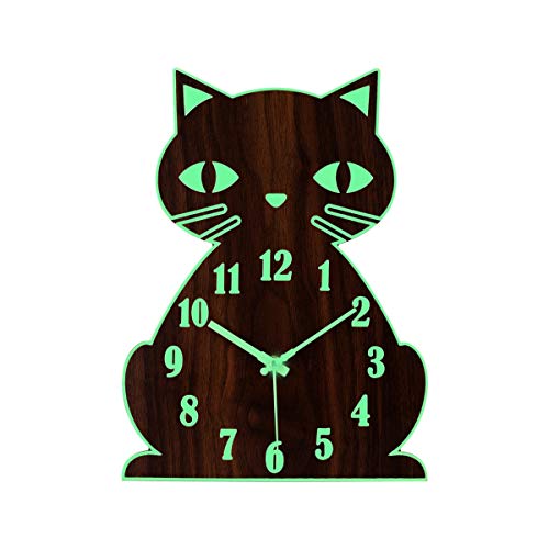 Topkey Leuchtende Nicht tickende leise Wanduhr Tierdesign Uhr für Kind, batteriebetrieben (Nicht im Lieferumfang enthalten) - Süße Katze braun von Topkey