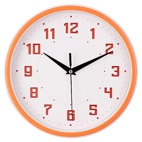 Topkey Silent Round Wall Clock Kitchen 9 Inch Modern Style Non-Ticking Decorative Bedroom Office Study Room Kitchen Wall Clock-Orange von Topkey