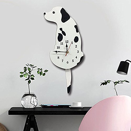 Topkey Wanduhr Hund Acryl Wanduhr mit Schwingschwanz Pendel für Wohnzimmer, Schlafzimmer, Kinderzimmer, Küche und Wohndeko – (42 cm x 18 cm) Weiß von Topkey