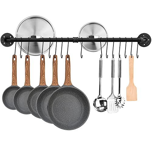 Toplife Küchen Hängeleiste für Küchenutensilien, 100 cm industrieller Stil mit 16 Haken, Hakenleiste Küchenreling Pfannenhalter von Toplife