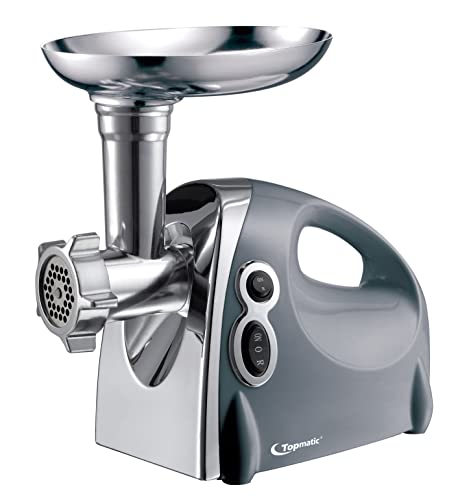 Topmatic MG-1200.3 Silberfarben elektrischer Fleischwolf 1200W Edelstahl Rückwärtslauf Küchenmaschine Zerkleinerer Kebbe-Aufsatz Hack Hackfleisch Spritzgebäck von Topmatic